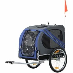 PawHut Remorque Vélo Pour Chien Animaux Pliable 8 Réflecteurs Drapeau Barre Attelage Inclus Acier Polyester Imperméable Max. 30 Kg 130L X 73l X 90H Cm Bleu - Bleu