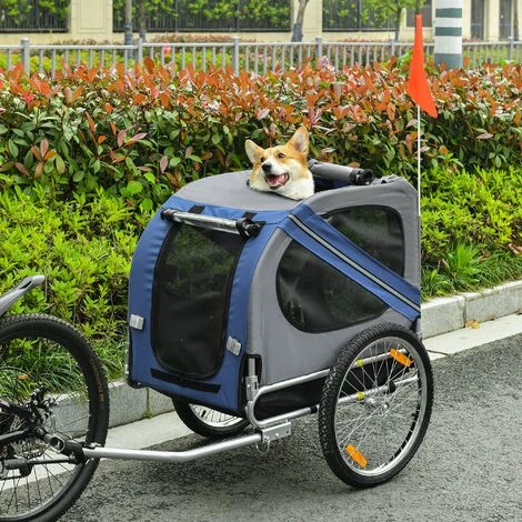 PawHut Remorque Vélo Pour Chien Animaux Pliable 8 Réflecteurs Drapeau Barre Attelage Inclus Acier Polyester Imperméable Max. 30 Kg 130L X 73l X 90H Cm Bleu - Bleu 2 PawHut Remorque Vélo Pour Chien Animaux Pliable 8 Réflecteurs Drapeau Barre Attelage Inclus Acier Polyester Imperméable Max. 30 Kg 130L X 73l X 90H Cm Bleu - Bleu – Image 2