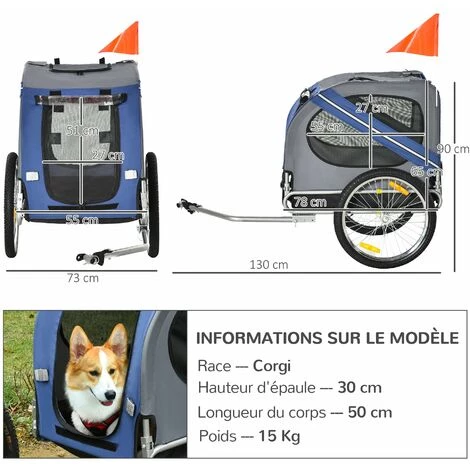 PawHut Remorque Vélo Pour Chien Animaux Pliable 8 Réflecteurs Drapeau Barre Attelage Inclus Acier Polyester Imperméable Max. 30 Kg 130L X 73l X 90H Cm Bleu - Bleu 3 PawHut Remorque Vélo Pour Chien Animaux Pliable 8 Réflecteurs Drapeau Barre Attelage Inclus Acier Polyester Imperméable Max. 30 Kg 130L X 73l X 90H Cm Bleu - Bleu – Image 3