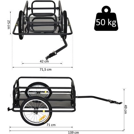 HOMCOM Remorque Vélo Remorque De Transport Pour Vélo Pliable 70L 139L X 71,5l X 49H Cm Barre D'attelage Universelle Acier Noir - Noir 3 HOMCOM Remorque Vélo Remorque De Transport Pour Vélo Pliable 70L 139L X 71,5l X 49H Cm Barre D'attelage Universelle Acier Noir - Noir – Image 3