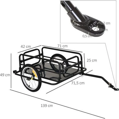 HOMCOM Remorque Vélo Remorque De Transport Pour Vélo Pliable 70L 139L X 71,5l X 49H Cm Barre D'attelage Universelle Acier Noir - Noir 4 HOMCOM Remorque Vélo Remorque De Transport Pour Vélo Pliable 70L 139L X 71,5l X 49H Cm Barre D'attelage Universelle Acier Noir - Noir – Image 4