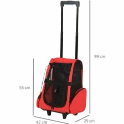 PawHut 2 En 1 Trolley Chariot Sac A Dos Sac De Transport A Roulettes Pour Chien Chat - Rouge -Cage, caisse et transport pour chien Soldes 2200826 3