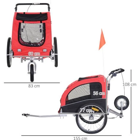 HOMCOM Remorque Vélo Jogger 2 En 1 Pour Animaux Drapeau Roue Avant Pivotante Réflecteurs Et Barre D'attelage Inclus Rouge Noir - Rouge 4 HOMCOM Remorque Vélo Jogger 2 En 1 Pour Animaux Drapeau Roue Avant Pivotante Réflecteurs Et Barre D'attelage Inclus Rouge Noir - Rouge – Image 4