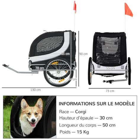 HOMCOM Remorque Velo Pour Chien Animaux Avec Drapeau Et 8 Reflecteurs Blanc Et Noir - Blanc 3 HOMCOM Remorque Velo Pour Chien Animaux Avec Drapeau Et 8 Reflecteurs Blanc Et Noir - Blanc – Image 3