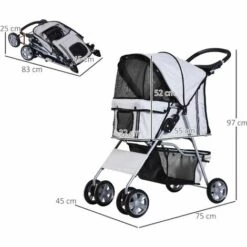 PawHut Poussette Buggy Pliable Animaux Chariot Pliant Chien Chat Porte-gobelet Panier De Rangement Inclus Roues Avec Frein Tissu 600D Oxford Métal Gris - Gris -Cage, caisse et transport pour chien Soldes 28189134 3