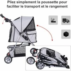 PawHut Poussette Buggy Pliable Animaux Chariot Pliant Chien Chat Porte-gobelet Panier De Rangement Inclus Roues Avec Frein Tissu 600D Oxford Métal Gris - Gris -Cage, caisse et transport pour chien Soldes 28189134 4