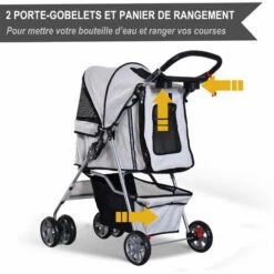 PawHut Poussette Buggy Pliable Animaux Chariot Pliant Chien Chat Porte-gobelet Panier De Rangement Inclus Roues Avec Frein Tissu 600D Oxford Métal Gris - Gris -Cage, caisse et transport pour chien Soldes 28189134 5