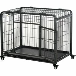 PawHut Cage Pour Chien Pliable Cage De Transport Sur Roulettes 2 Portes Verrouillables Plateau Amovible Dim. 94L X 58l X 69H Cm Métal Gris Noir - Noir
