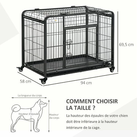 PawHut Cage Pour Chien Pliable Cage De Transport Sur Roulettes 2 Portes Verrouillables Plateau Amovible Dim. 94L X 58l X 69H Cm Métal Gris Noir - Noir 3 PawHut Cage Pour Chien Pliable Cage De Transport Sur Roulettes 2 Portes Verrouillables Plateau Amovible Dim. 94L X 58l X 69H Cm Métal Gris Noir - Noir – Image 3