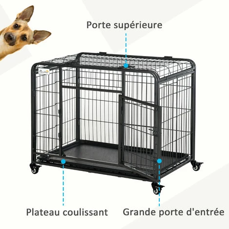 PawHut Cage Pour Chien Pliable Cage De Transport Sur Roulettes 2 Portes Verrouillables Plateau Amovible Dim. 94L X 58l X 69H Cm Métal Gris Noir - Noir 4 PawHut Cage Pour Chien Pliable Cage De Transport Sur Roulettes 2 Portes Verrouillables Plateau Amovible Dim. 94L X 58l X 69H Cm Métal Gris Noir - Noir – Image 4