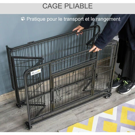 PawHut Cage Pour Chien Pliable Cage De Transport Sur Roulettes 2 Portes Verrouillables Plateau Amovible Dim. 94L X 58l X 69H Cm Métal Gris Noir - Noir 5 PawHut Cage Pour Chien Pliable Cage De Transport Sur Roulettes 2 Portes Verrouillables Plateau Amovible Dim. 94L X 58l X 69H Cm Métal Gris Noir - Noir – Image 5
