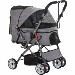 PawHut Poussette Buggy Pliable Chien Chat Panier Et Sac De Rangement Attaches Sécurité Housse Réglable Poignée Réversible Acier Oxford Gris Chiné Noir