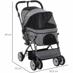 PawHut Poussette Buggy Pliable Chien Chat Panier Et Sac De Rangement Attaches Sécurité Housse Réglable Poignée Réversible Acier Oxford Gris Chiné Noir -Cage, caisse et transport pour chien Soldes 31931669 3