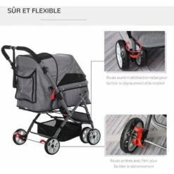 PawHut Poussette Buggy Pliable Chien Chat Panier Et Sac De Rangement Attaches Sécurité Housse Réglable Poignée Réversible Acier Oxford Gris Chiné Noir -Cage, caisse et transport pour chien Soldes 31931669 5