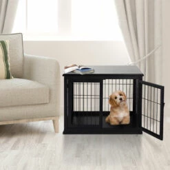 PawHut Cage Pour Chien Animaux Cage En Bois MDF Classe E1 3 Portes Verrouillables Max. 30 Kg Dim. 81L X 58l X 66H Cm Noir - Noir -Cage, caisse et transport pour chien Soldes 35491562 4