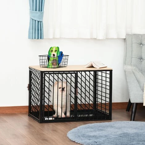 PawHut Cage Pour Chien Animaux Dim. 76L X 48l X 53H Cm 2 Portes Verrouillables Métal Panneau Multicouche Chêne Clair 2 PawHut Cage Pour Chien Animaux Dim. 76L X 48l X 53H Cm 2 Portes Verrouillables Métal Panneau Multicouche Chêne Clair – Image 2