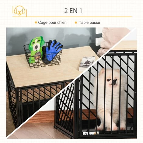 PawHut Cage Pour Chien Animaux Dim. 76L X 48l X 53H Cm 2 Portes Verrouillables Métal Panneau Multicouche Chêne Clair 4 PawHut Cage Pour Chien Animaux Dim. 76L X 48l X 53H Cm 2 Portes Verrouillables Métal Panneau Multicouche Chêne Clair – Image 4