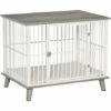 PawHut Cage Pour Chien Animaux Sur Pied - Dim. 86L X 60l X 70H Cm - Grand Coussin Peluche Courte Inclus - Porte Verrouillable - Acier Blanc Panneaux Particules Aspect Bois Gris - Gris