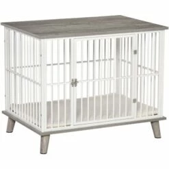 PawHut Cage Pour Chien Animaux Sur Pied - Dim. 86L X 60l X 70H Cm - Grand Coussin Peluche Courte Inclus - Porte Verrouillable - Acier Blanc Panneaux Particules Aspect Bois Gris - Gris