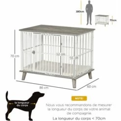 PawHut Cage Pour Chien Animaux Sur Pied - Dim. 86L X 60l X 70H Cm - Grand Coussin Peluche Courte Inclus - Porte Verrouillable - Acier Blanc Panneaux Particules Aspect Bois Gris - Gris -Cage, caisse et transport pour chien Soldes 45847812 3