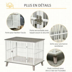 PawHut Cage Pour Chien Animaux Sur Pied - Dim. 86L X 60l X 70H Cm - Grand Coussin Peluche Courte Inclus - Porte Verrouillable - Acier Blanc Panneaux Particules Aspect Bois Gris - Gris -Cage, caisse et transport pour chien Soldes 45847812 5
