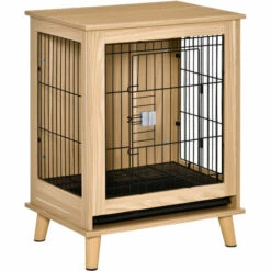 PawHut Cage Pour Chien Sur Pied Style Scandinave - Dim. 64L X 48l X 83H Cm - Porte Verrouillable, Plateau Déjection Coulissant - Acier Noir Panneaux Particules Aspect Bois Clair - Beige