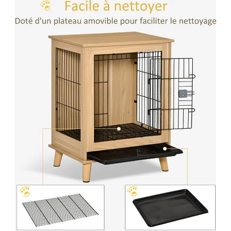 PawHut Cage Pour Chien Sur Pied Style Scandinave - Dim. 64L X 48l X 83H Cm - Porte Verrouillable, Plateau Déjection Coulissant - Acier Noir Panneaux Particules Aspect Bois Clair - Beige 5 PawHut Cage Pour Chien Sur Pied Style Scandinave - Dim. 64L X 48l X 83H Cm - Porte Verrouillable, Plateau Déjection Coulissant - Acier Noir Panneaux Particules Aspect Bois Clair - Beige – Image 5