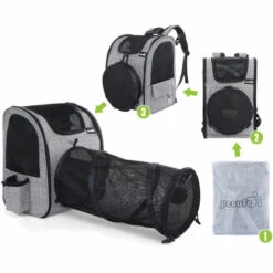 Pecute Sac à Dos Chat Chien 2 En 1, Sac Transport Pour Chat Petit Chien Avec Tunnel Extensible, Sac A Dos De Transport Chat Chiot Respirant, Pour Chat Chien Lapin De Moins De 15 Kg - Gris -Cage, caisse et transport pour chien Soldes 47518485 3