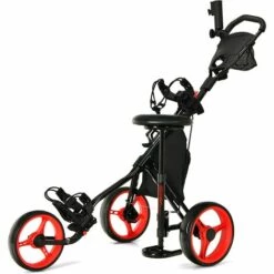 COSTWAY Chariot De Golf 3 Roues Pliable Hauteurs Réglables Avec Porte-Parapluie Réglable Et Siège Hydraulique Porte-Boisson Sac