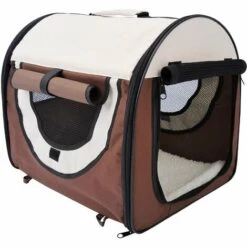 PawHut Sac De Transport Pour Chien Et Chat Pliable - Poignée, Entrée Zippée, Fenêtres Maillées Enroulables- Coussin Inclus - Acier Oxford Marron Beige