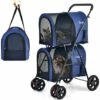 COSTWAY Poussette Buggy Pliable Chien Double Cage Détachable 4 Roues Avant Universelles Avec Porte Bidirectionnel En Tissu Oxford