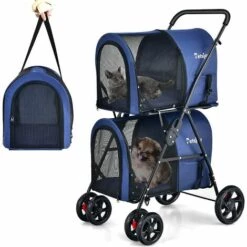 COSTWAY Poussette Buggy Pliable Chien Double Cage Détachable 4 Roues Avant Universelles Avec Porte Bidirectionnel En Tissu Oxford