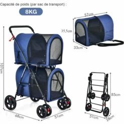 COSTWAY Poussette Buggy Pliable Chien Double Cage Détachable 4 Roues Avant Universelles Avec Porte Bidirectionnel En Tissu Oxford -Cage, caisse et transport pour chien Soldes 51371018 5