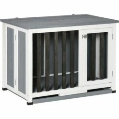PawHut Cage Pour Chien Animaux Pliable Dim. 84L X 51l X 61H Cm Porte Verrouillable Toit Ouvrant Plateau Déjection Bois Sapin Gris Blanc Noir - Gris