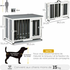 PawHut Cage Pour Chien Animaux Pliable Dim. 84L X 51l X 61H Cm Porte Verrouillable Toit Ouvrant Plateau Déjection Bois Sapin Gris Blanc Noir - Gris -Cage, caisse et transport pour chien Soldes 54308944 3