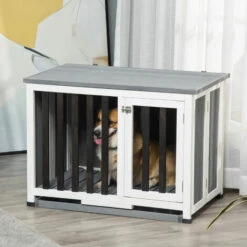 PawHut Cage Pour Chien Animaux Pliable Dim. 84L X 51l X 61H Cm Porte Verrouillable Toit Ouvrant Plateau Déjection Bois Sapin Gris Blanc Noir - Gris -Cage, caisse et transport pour chien Soldes 54308944 4