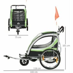 HOMCOM Remorque Vélo Jogger 2 En 1 Pour Enfant Drapeau Roue Avant Pivotante Réflecteurs Et Barre D'attelage Inclus Vert Noir - Vert -Cage, caisse et transport pour chien Soldes 60072220 3