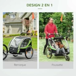 HOMCOM Remorque Vélo Jogger 2 En 1 Pour Enfant Drapeau Roue Avant Pivotante Réflecteurs Et Barre D'attelage Inclus Vert Noir - Vert -Cage, caisse et transport pour chien Soldes 60072220 5