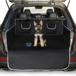 RHAFAYRE Protection Coffre Voiture Chien Universelle, 2 Grandes Poches, Imperméable & Antidérapant, 185 X 105 Cm Couverture De Coffre Pour Plupart Voitures, Gamelle Bonus Et E-Book, Noir