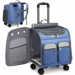 JUNJUN-Sac à Dos à Roulettes Pour Transport Pet Poussette Pet Carrier Puppy Cat Transport Bag Sac à Dos Confortable