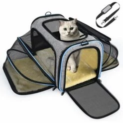 Sac De Transport Chat Chien Extensible, Structure Solide, Rangement Facile, Filet Respirant, Spacieux, Pliable, Pour Voyage En Train/Voiture/Restaurant/Avion Approuvé Bleu 56Vingt