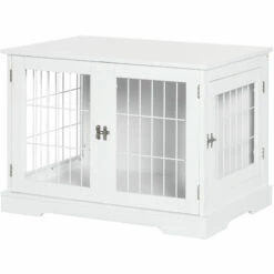 PawHut Cage Pour Chien Animaux Table D'appoint 2 En 1 - 2 Portes Verrouillables - Dim. 76L X 54,5l X 56H Cm - MDF Acier Blanc - Blanc