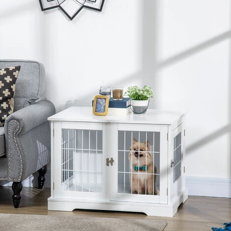 PawHut Cage Pour Chien Animaux Table D'appoint 2 En 1 - 2 Portes Verrouillables - Dim. 76L X 54,5l X 56H Cm - MDF Acier Blanc - Blanc 2 PawHut Cage Pour Chien Animaux Table D'appoint 2 En 1 - 2 Portes Verrouillables - Dim. 76L X 54,5l X 56H Cm - MDF Acier Blanc - Blanc – Image 2