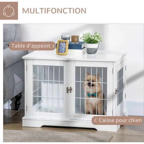 PawHut Cage Pour Chien Animaux Table D'appoint 2 En 1 - 2 Portes Verrouillables - Dim. 76L X 54,5l X 56H Cm - MDF Acier Blanc - Blanc 4 PawHut Cage Pour Chien Animaux Table D'appoint 2 En 1 - 2 Portes Verrouillables - Dim. 76L X 54,5l X 56H Cm - MDF Acier Blanc - Blanc – Image 4